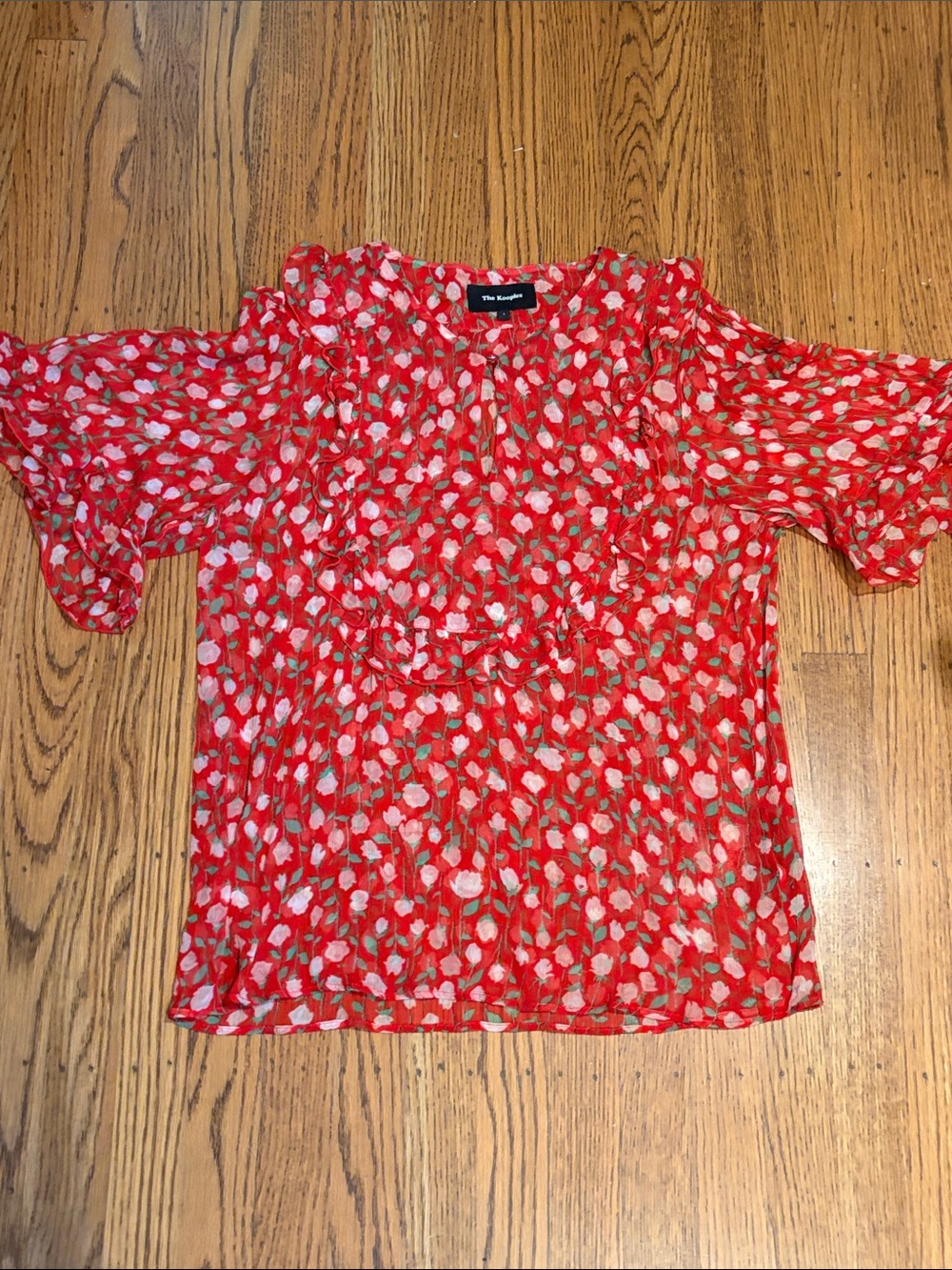 The Kooples Red Floral Ruffle V-Neck Blouse